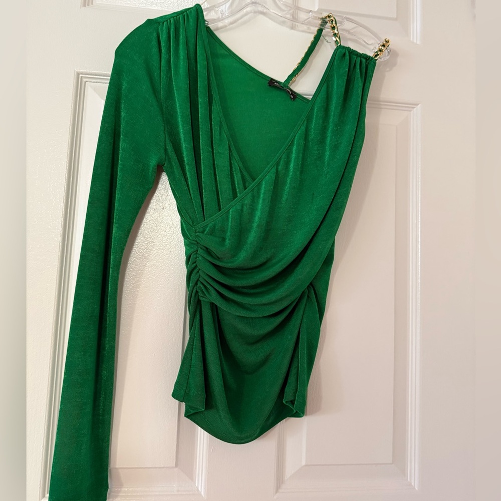 T159- Chic Green Draped Women's Blouse